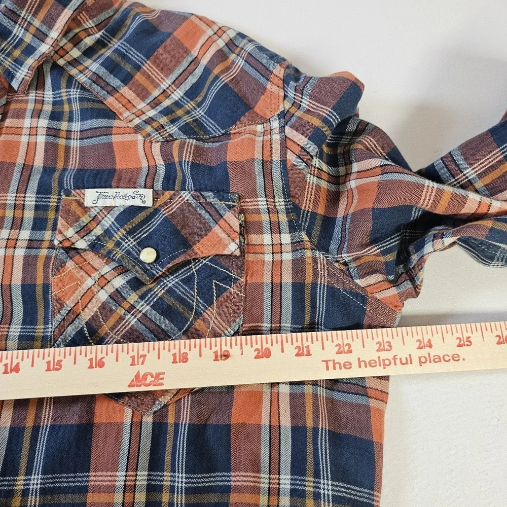 True Religion Mens Large Plaid Western Snap Button Cowboy Shirt Navy Orange EUC